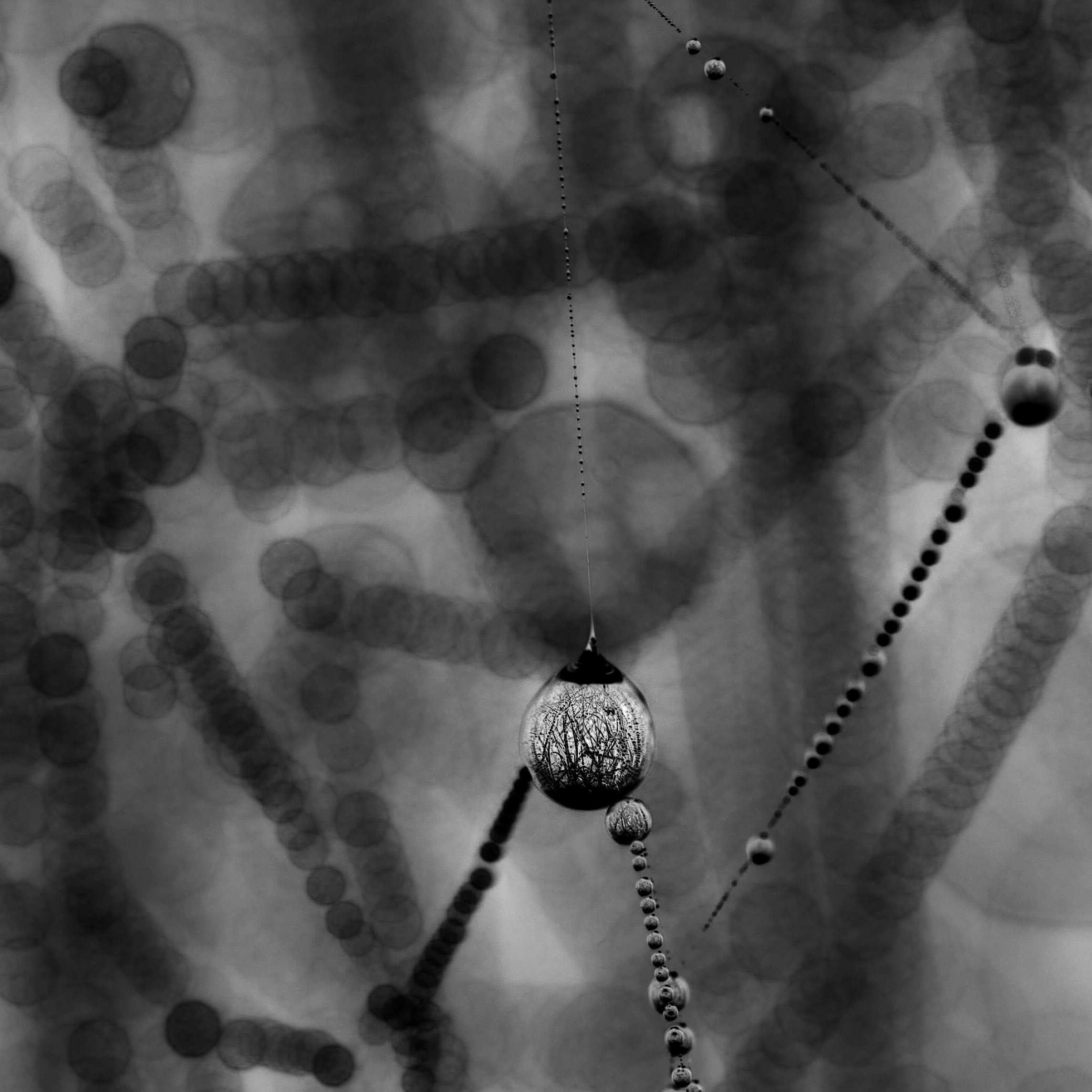 Ein unscharfes, monochromes Bild mit vielen kreisförmigen Formen, die in verschiedenen Größen und Hell-Dunkel-Kontrasten angeordnet sind. Im Vordergrund hängt eine auffällige, runde Perle oder Kugel, die durch ihre Textur hervorsticht. Die Umgebung wirkt abstrahiert und verschwommen.